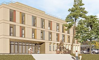 So soll die Kinderklinik aussehen. Aus Kostengründen sind unter anderem die bunten Träger verschwunden, die das Gebäude einmal bekommen sollte. - HDR Germany