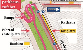 So könnte die Zufahrt zu einem Fahrradparkhaus im Opitz-Keller unter dem Jahnplatz gebaut werden. Quelle: Stadt/Grafik: Schultheiss - Stadt/Schultheiß