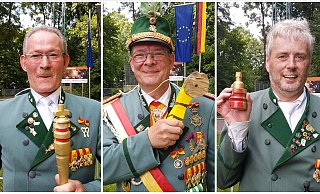 Gewannen Zepter, Apfel und Krone: Sergeant Klaus Eiden (Western, v. l.), Ehren-Fähnrich Carsten Masurek (Western) und Unteroffizier Gerald Kaufmann (Königsträßer). - Birger Berbüsse