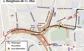 So sieht die Jahnplatz-Baustelle ab Dienstag aus: Die Baufelder wechseln die Seite, für die Busse sind Friedrich-Verleger- und Alfred-Bozi-Straße frei. - Quelle: Stadt/Grafik: Schultheiß