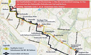 Bevor die neue Haltestelle Sieker-Mitte in Betrieb gehen kann, muss MoBiel die Stadtbahnlinie 3 vier Tage durch Busse ersetzen. Dies ist die Strecke. - MoBiel /Schultheiss
