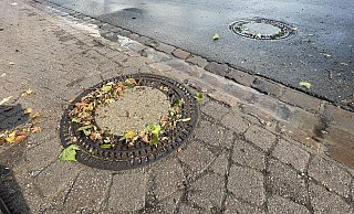Dass Blätter Gullydeckel verstopft haben, hat dazu geführt, dass sich Wasser in einigen Straßen rasch aufgestaut hat. - Ralf T. Mischer