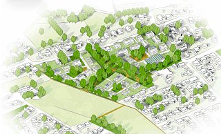 Die denkbaren Grünzüge und die Anordnung der Straßen für das Quartier Elverdissen in der Variante 1 mit Turnhalle sind hier schön zu erkennen. - Studio RW