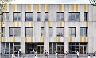 Orange Platten in grauem Holz: So wird das neue Gebäude aussehen, wenn sich die Schule für den Farbton "Riga" ausgesprochen hat. - Stadt Gütersloh