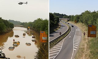 Am 17. Juli 2021 auf der überfluteten Bundesstraße B265 bei Erftstadt (l.) und knapp ein Jahr später, am 16. Juni 2022, sind an derselben Stelle die Folgen der Flut nicht mehr sichtbar (r). - David Young