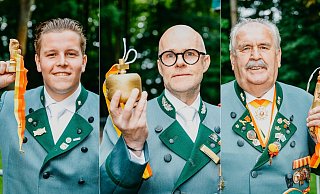 Die drei Prinzen des PBSV: Unteroffizier Maximilian Koch (Krone), Vize-Feldwebel Torsten Vogt (Apfel) und Sergeant Hans-Jürgen Kallenberg (Zepter). - Besim Mazhiqi