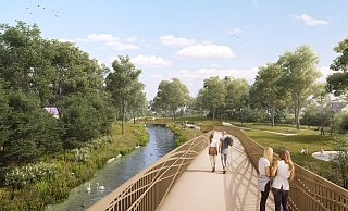 Die neue Brücke schwingt sich über Dalke und Bundesstraße hinweg. Als Grund für die Kostensteigerung werden die explodierten Preise beim Stahl angeführt. - Stadt Gütersloh/Architekturbüro