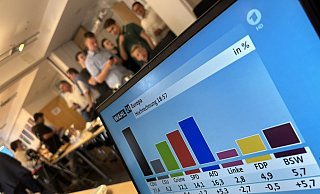 Blick auf die erste Hochrechnung: Zur Wahlparty der CDU im Kreis Paderborn kamen rund 50 Gäste in die Kreisgeschäftsstelle. - Jens Reddeker