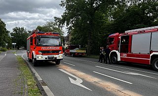 Die Einsatzkräfte der Feuerwehr waren am Samstagmittag damit beschäftigt, das ausgelaufene Öl abzustreuen. - Thorsten Heß