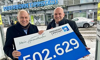 Aufsichtsratschef Christoph Rüther (l.) und Flughafenchef Roland Hüser sind stolz auf die Passagierzahl 2022 in Paderborn/Lippstadt. - Jens Reddeker