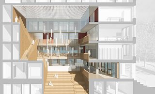 Diese Querschnittzeichnung durch das künftige Stadthaus zeigt die Treppe mit Sitzstufen, die die beiden Erdgeschossebenen verbindet. - Behet Bondzio Lin