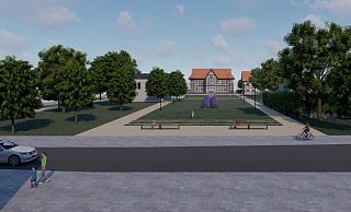 Nach einem Komplettabriss des Gasthauses Möller könnten das Nachbargebäude Brink (links am Bildrand) und ein passend erstellter Neubau im rechten Bereich des Möller-Grundstücks eine optisch ansprechende Torwirkung ergeben. - architektur-werk-statt