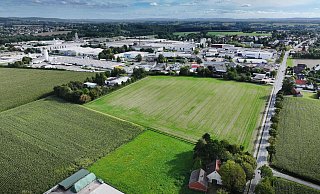 Auf dieser freien Fläche an der Weseler Straße (rechts) soll zwischen der Straße "Niedermanns Hof" (hinter Baumreihe) und Firma (unten) Gewerbefläche entstehen. - Shari Rack