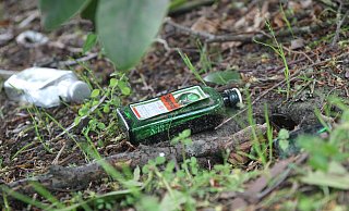 Fast 40 leere Alkoholflaschen liegen an dem Eingang zum Friedhof. - Jan-Henrik Gerdener