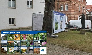 Die unten links gezeigte Folie vom "Fotoprojekt Heimat" war an dem nun "freien" Bauzaun auf dem Kirchenvorplatz befestigt. - Polizei Paderborn/Stadt Büren
