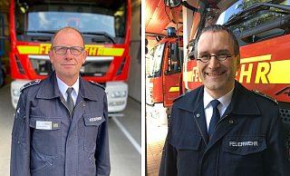 Rainer Baumeier (l., Löschabteilung Heepen) und Jens Husemann (Kupferhammer) stehen derzeit zur Wahl zum Gesamtsprecher der Freiwilligen Feuerwehr Bielefeld. - Rainer Baumeier, Jens Husemann