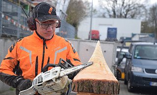 Kai Gerulat gestaltete auf dem Industriestraßenfest Holzfiguren mit der Motorsäge. - Mareike Patock