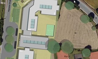 So könnte die Zusammenlegung der Erich-Kästner- und der Astrid-Lindgren-Schule in Borchen aussehen. Die Planer von Concept K sehen in dieser Variante einen Schulcampus mit zwei individuell gestalteten Förderschulen. - Visualisierung Concept K