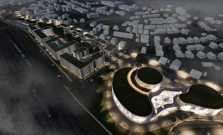 Das OWL-Forum am Alten Güterbahnhof bei Nacht. Die Skizze soll nur die Größenordnungen verdeutlichen. - Drees & Sommer/Stadt Herford