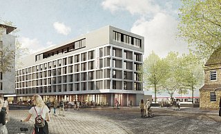 So soll das neue Hotel vom Bahnhofsvorplatz aussehen. - „raumwerk / GBI Holding AG“