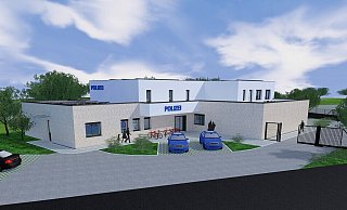 Die Visualisierung zeigt die geplante Polizeiwache an der Delbrücker Oststraße. Aktuell wird die Fläche als Acker genutzt. - Fecke und Stratmann Immobilien