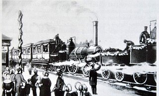 Fotos gab es noch nicht: Dieses zeitgenössische Bild ist das einzige Dokument, das die Einfahrt des "Planzuges 1" am 15. Oktober 1847 in Gütersloh zeigt. - DB-Generalvertretung Bielefeld / Stadtarchiv Gütersloh