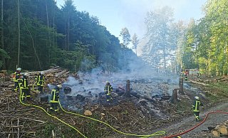 Die Feuerwehr löschte einen brennenden Holzstapel im Stemweder Berg. - Feuerwehr Stemwede/Torsten Fischer
