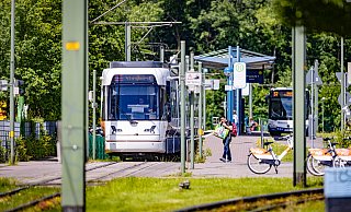 Der Vamos soll baldmöglich auf den Rasengleisen einer verlängerten Stadtbahnlinie 1 nach Sennestadt fahren. Dafür will sich ein neu gegründeter Förderkreis einsetzen. - Mike-Dennis Müller