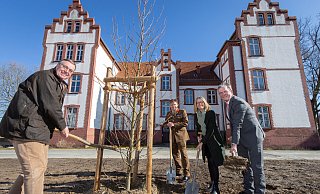Hajo Hinrichs (v.l. Präsident Bund deutscher Baumschulen), Colonel Mike Foster-Brown (Kommando Nato Forward Holding Base Sennelager), Botschafterin Jill Gallard und Bürgermeister Michael Dreier greifen symbolisch zum Spaten. - Niklas Tüns
