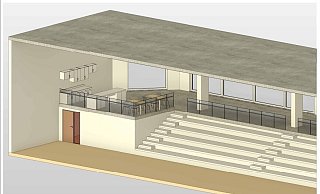 Der Vorschlag des TV Häver beinhaltet eine feste Verkaufsfläche neben der Tribüne. Darunter soll ein Lagerraum entstehen. Die Fläche würde etwa ein Drittel der ausfahrbaren Tribüne wegnehmen. - TV Häver