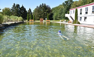 Naturbad in Menne: Das Becken ist 12,50 Meter breit und 33,3 Meter lang und zwischen 90 und 130 Zentimeter tief. Eine Kombination aus Schilf und Kies reinigt das Wasser in dem Vereinsbad. - Förderverein Naturbad Menne