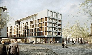 Entwurf für das geplante Intercity-Hotel am Hauptbahnhof. Der Baustarrt verzögert sich. - GBI