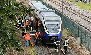 Über Klappleitern evakuierten die Einsatzkräfte den Zug der RB 74. - Paul Brinkmann