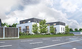 So sollen die neuen Wohnhäuser aussehen. Rechts neben den Gebäuden an der B61 liegt ein Tankstellengelände . Dazwischen entsteht eine Schallschutzwand. - baulampe