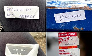 Der Aufkleber mit einer Klinge darunter (links) klebte am Monte Scherbelino. Der Aufkleber oben rechts verherrlicht den Femizid, also die Tötung von Frauen und Mädchen aufgrund ihres Geschlechts, und solche wie der weitestgehend abgekratzte unten rechts finden sind in Teilen der Paderborner Südstadt. - Neue Westfälische (3)/ Holger Kosbab