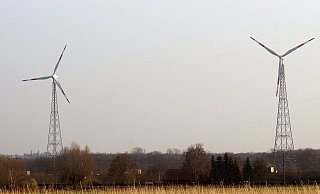 Die zwei älteren Windräder, die auf einer Wiese im Bruch zwischen Else und Autobahn 30 stehen, sollen abgebaut werden. - Niklas Krämer
