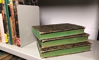 Stapel mit Büchern mit grünem Buchschnitt in der Bielefelder Unibibliothek, die auf Arsenbelastung hin überprüft werden. - Julia Bömer/Universität Bielefeld/dpa