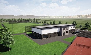 Außerhalb des Dorfes am Friedhofsweg soll dieses Großprojekt entstehen. Zwei Fußballplätze, drei Tennisplätze und ein Heim für drei Vereine. - Visualisierung: Stadt Delbrück
