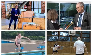 Nicht erst seit seinem Auftritt im ZDF bei "Bares für Rares" tritt der Gütersloher Bürgermeister immer wieder vor die Kamera. In Videoclips hüpft er ins Wasser des Nordbads oder wirbt mit Landrat Sven-Georg Adenauer für ein Event. - Screenshots/Christian Bröder