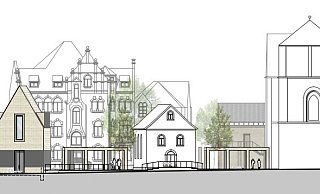 Die Zeichnung des Architekturbüros zeigt in dunklerem Farbton die Neubauten links und rechts der Wolderuskapelle. Das Gebäude rechts steht weiter im Hintergrund. - Ellermann, Pfeiffer, Preckel