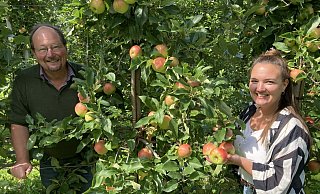 Karsten Otte und seine Tochter Charlotte sind auf ihrem Obtshof in Hiddenhausen mitten in der Apfelernte. - Matthias Bungeroth