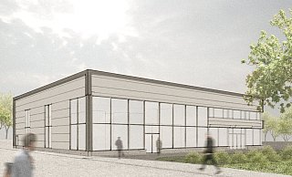 So sieht der Entwurf für die neue Brauerei in Bielefeld aus. Eine große gläserne Front erlaubt Einblicke in die Bierproduktion. - Skizze: Studio Hocini Architekten
