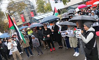 Zahlreiche Menschen haben bei der Pro-Palästina-Veranstaltung vor der Herz-Jesu-Kirche für Frieden in Nahost demonstriert. - Holger Kosbab