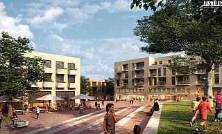 So könnte das neue Quartier auf dem Stiftberg einmal aussehen: Die Animation zeigt die große Freitreppe an der Quartiersmitte. Rechts geht es in Richtung Plateau, auf dem „Die drei Geschwister“ stehen. Geradeaus ist der Nahversorger zu sehen. Foto: astoc - astoc