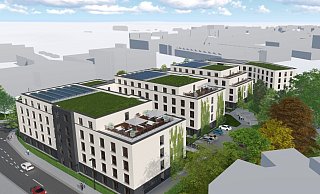 Die Visualisierung zeigt den Blick von der Sudbrackstraße auf die Wohnanlage, die dort aktuell entsteht. Die Dachterrassen sollen im Sommer zum Treffpunkt für die Bewohner werden. Geplant sind auch eine großflächige Dachbegrünung und Photovoltaikanlagen. - Visualisierung: Stopfel Architekten