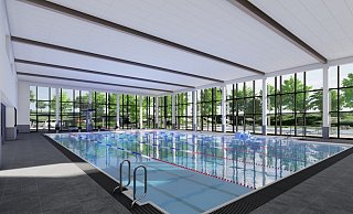 Die Visualisierung zeigt, wie die Schwimmhalle des neuen Kombibades in Jöllenbeck aussehen wird. Es soll mehrere Becken innen und außen geben. - BBF / KRIEGER Architekten l Ingenieure GmbH
