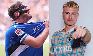 Keeper Luca Beermann (24 Jahre) vom SC Wiedenbrück und Arminia-Legende Fabian Klos stehen jetzt beim Baller-League-Team Golden Eleven zusammen auf dem Platz. - Oliver Krato | Baller League