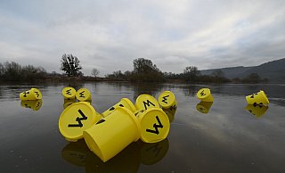 Symbolisch ließ die BI „Lebenswertes Bördeland und Diemeltal“ „Atomüllfässer“ auf der Weser treiben. Sie sehen in Wirklichkeit aber ganz anders aus. Foto: Thomas Kube - Thomas Kube