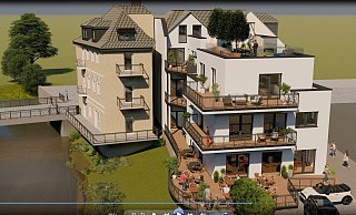 Für den gastronomischen Betrieb im Erdgeschoss des Anbaus ist eine große Terrasse geplant, die sich zur Aa hin in einem Bogen öffnet. - Planungsbüro