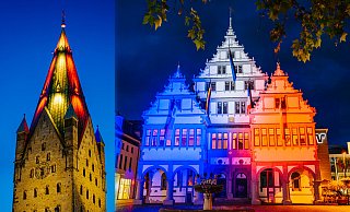 Zur Fußball-EM werden der Dom und das Paderborner Rathaus Blau-Weiß-Rot und Rot-Gelb beleuchtet werden. - Stadt Paderborn